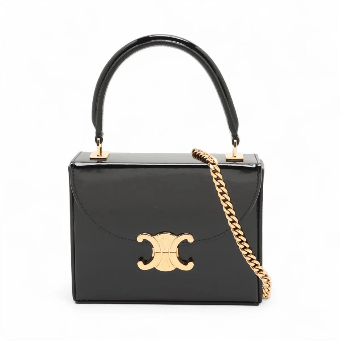 CELINE SMALL BOX BRANDINE PATENT LEATHER 2 WAY HANDBAG: Celine small box Brandine Patent Leather 2 Way Handbag Brand: Celine Type: Hand bag Material: Patent Leather Color: Black Size: Height:4.9inch Length:6.3inch Depth:1.6inch Handle height:3.5inch A