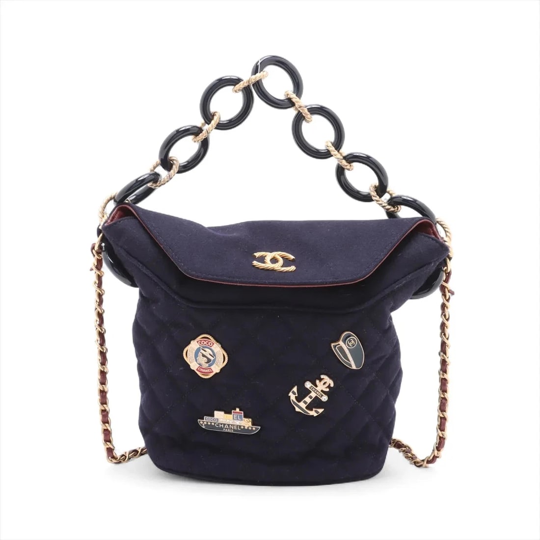CHANEL MATELASSE COTTON JERSEY CHAIN SHOULDER BAG: Chanel Matelasse Cotton Jersey Chain Shoulder Bag Brand: Chanel Type: Shoulder bag Material: Cotton Jersey Color: Navy Blue Size: Height:6.9inch Length:6.1inch Depth:3.9inch Handle height:4.7inch