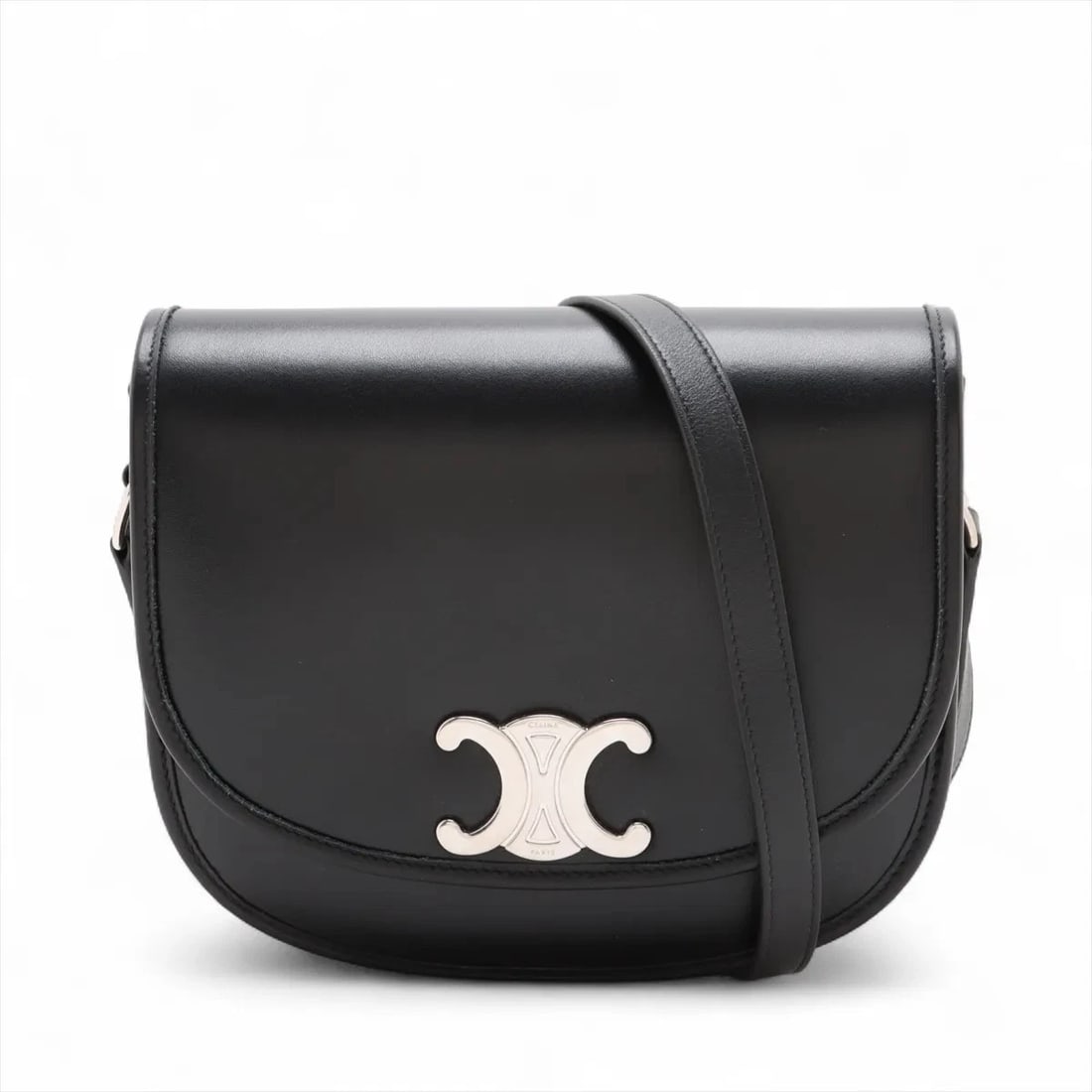 CELINE TRIOMPHE BUZAS LEATHER SHOULDER BAG: Celine Triomphe Buzas Leather Shoulder bag Brand: Celine Type: Shoulder bag Material: Leather Color: Black Size: Height:7.5inch Length:8.7inch Depth:1.2inch Shoulder height:21.7inch Accessories: