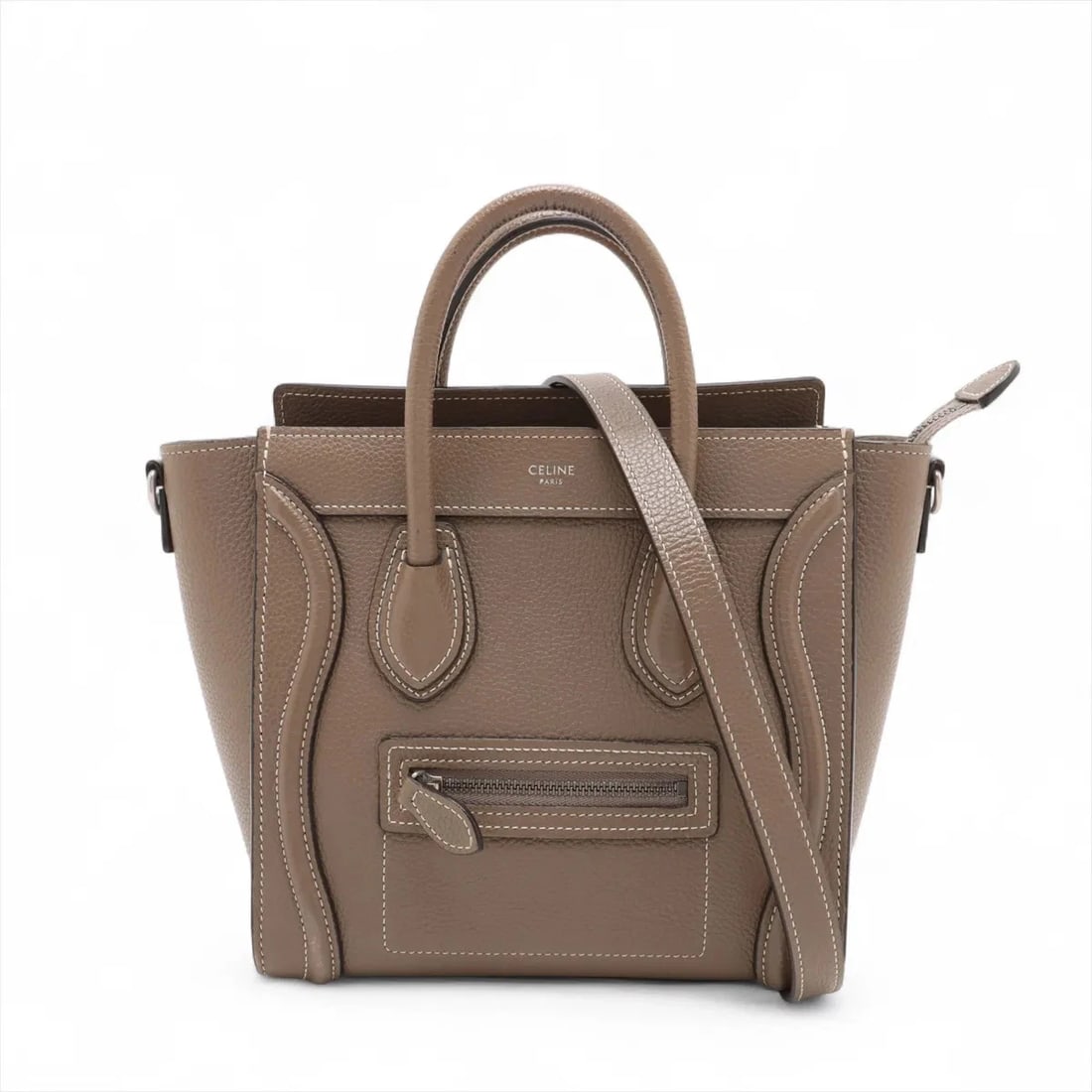 CELINE LUGGAGE NANO SHOPPER LEATHER 2 WAY HANDBAG: Celine Luggage Nano shopper Leather 2 Way Handbag Brand: Celine Type: Hand bag Material: Leather Color: Greige Size: Height:8.1inch Length:7.9inch Depth:3.9inch Handle height:2.4inch Accessories: