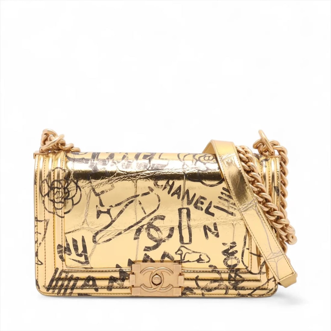 CHANEL 25 MOCK CROC CHAIN SHOULDER BAG: CHANEL 25 Mock Croc Chain Shoulder Bag Brand: Chanel Type: Shoulder bag Material: Mock Croc Color: Gold Size: Height:5.7inch Length:9.8inch Depth:2.8inch Shoulder height:20.3inch Accessories: Non