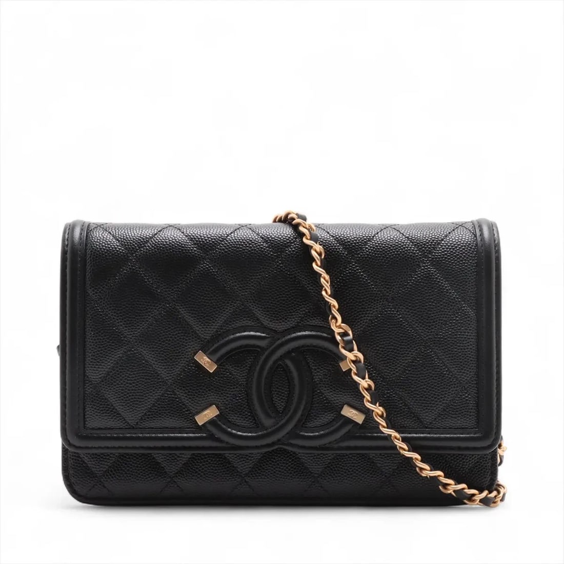 CHANEL CC FILIGREE CAVIAR SKIN CHAIN WALLET: Chanel CC Filigree Caviar Skin Chain Wallet Brand: Chanel Type: Shoulder bag Material: Caviar Skin Color: Black Size: Height:4.9inch Length:7.5inch Depth:1.6inch Shoulder height:23.2inch 