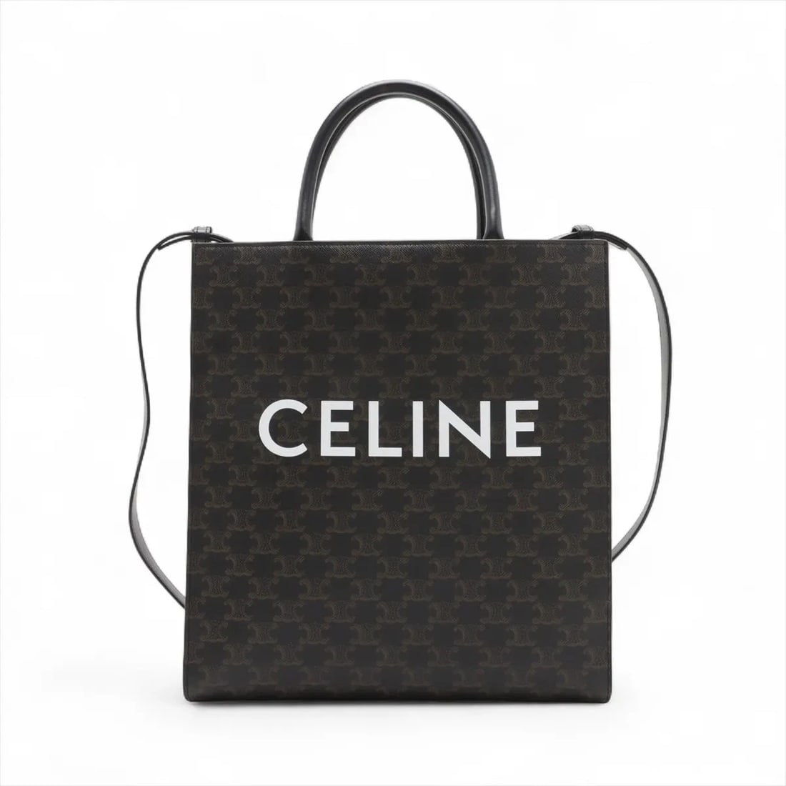 CELINE TRIOMPHE VERTICAL CABAS PVCX LEATHER 2 WAY TOTE BAG: Celine Triomphe Vertical Cabas PVCx leather 2 Way Tote Bag Brand: Celine Type: Tote bag Material: PVC Color: Black Size: Height:13.4inch Length:12.4inch Depth:3.3inch Handle height:4.9inch Access