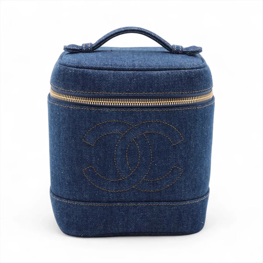 CHANEL COCO MARK DENIM VANITY BAG BLUE GOLD: Chanel Coco Mark Denim Vanity bag Blue Gold Brand: Chanel Type: Vanity bag Material: Denim Color: Blue Size: Height:6.7inch Length:5.9inch Depth:4.9inch Handle height:0.8inch Accessories: None