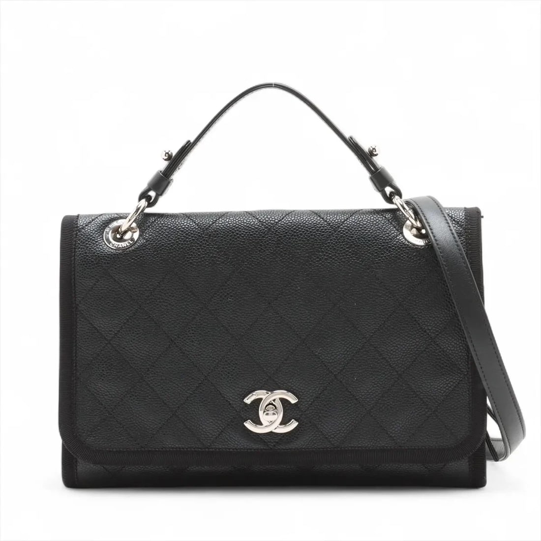 CHANEL MATELASSE CAVIAR SKIN 2 WAY HANDBAG BLACK: Chanel Matelasse Caviar Skin 2 Way Handbag Black Brand: Chanel Type: Hand bag Material: Caviar Skin Color: Black Size: Height:6.9inch Length:10.4inch Depth:3.0inch Handle height:2.8inch Shoulder h