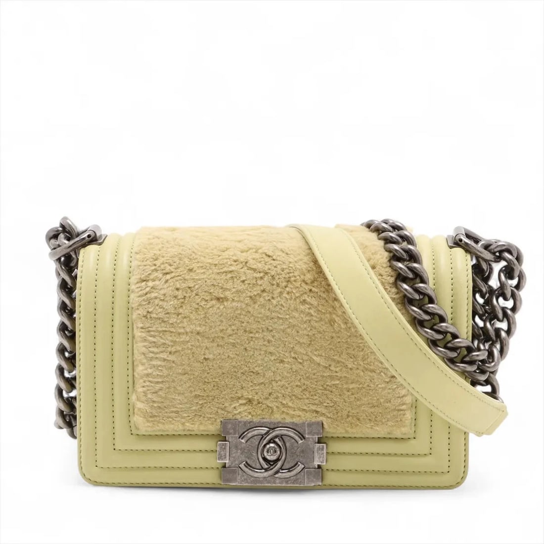 CHANEL 20 SMALL LAMBSKIN X FUR CHAIN SHOULDER BAG: CHANEL 20 Small lambskin x fur Chain Shoulder Bag Brand: Chanel Type: Shoulder bag Material: Lambskin Color: Green Size: Height:4.7inch Length:7.9inch Depth:2.6inch Shoulder height:21.1inch Acces