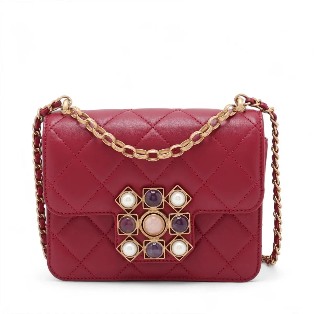 CHANEL MATELASSE LAMBSKIN CHAIN SHOULDER BAG: Chanel Matelasse Lambskin Chain Shoulder Bag Brand: Chanel Type: Shoulder bag Material: Lambskin Color: Red Size: Height:5.5inch Length:6.9inch Depth:2.4inch Handle height:2.0inch Shoulder height: