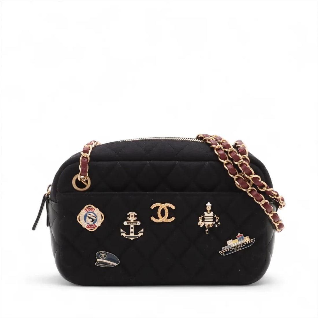 CHANEL MATELASSE COTTON X LAMBSKIN CHAIN SHOULDER BAG: Chanel Matelasse cotton x lambskin Chain Shoulder Bag Brand: Chanel Type: Shoulder bag Material: Cotton Color: Black Size: Height:5.7inch Length:9.3inch Depth:2.8inch Shoulder height:11.0inch Acc