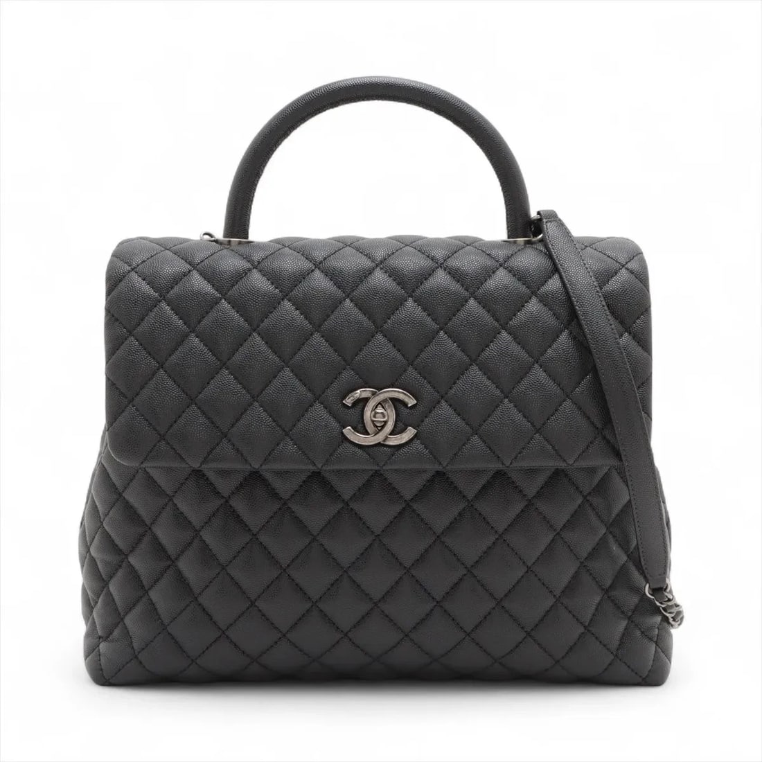 CHANEL COCO HANDLE CAVIAR SKIN 2 WAY HANDBAG: Chanel Coco Handle Caviar Skin 2 Way Handbag Brand: Chanel Type: Hand bag Material: Caviar Skin Color: Black Size: Height:9.6inch Length:12.6inch Depth:4.3inch Handle height:3.0inch Shoulder heigh