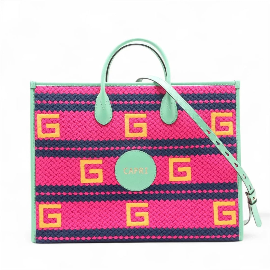 GUCCI COTTON X LEATHER 2 WAY TOTE BAG: Gucci cotton x leather 2 Way Tote Bag Brand: Gucci Type: Tote bag Material: Cotton Color: Pink Size: Height:13.2inch Length:17.1inch Depth:6.9inch Handle height:3.7inch Shoulder height:16.9inch A