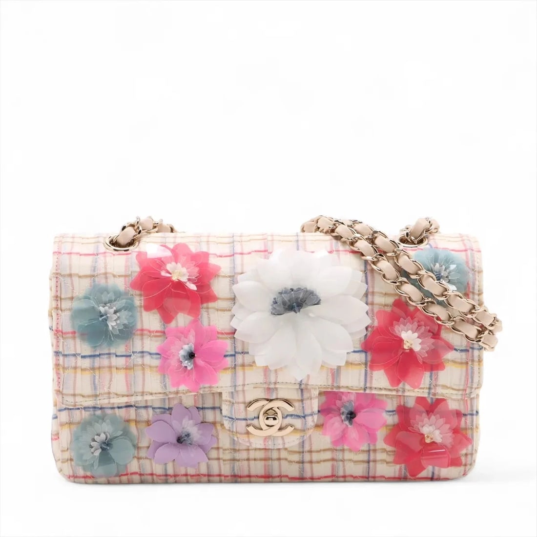 CHANEL MATELASSE COTTON X LAMBSKIN DOUBLE FLAP DOUBLE CHAIN BAG: Chanel Matelasse cotton x lambskin Double Flap Double Chain Bag Brand: Chanel Type: Shoulder bag Material: Cotton Color: Multicolor Size: Height:5.9inch Length:9.8inch Depth:2.6inch Shoulder