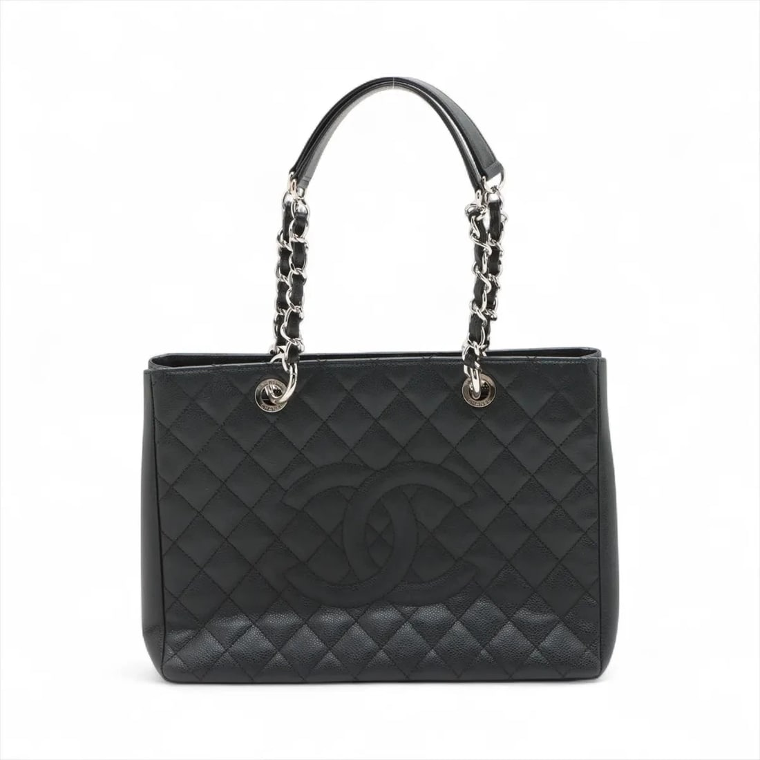 CHANEL GST CAVIAR SKIN CHAIN TOTE BAG: Chanel GST Caviar Skin Chain Tote Bag Brand: Chanel Type: Tote bag Material: Caviar Skin Color: Black Size: Height:9.6inch Length:13.0inch Depth:4.9inch Shoulder height:9.1inch Accessories: