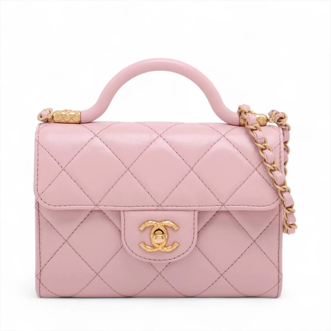 CHANEL MATELASSE CAVIAR SKIN 2 WAY HANDBAG: Chanel Matelasse Caviar Skin 2 Way Handbag Brand: Chanel Type: Hand bag Material: Caviar Skin Color: Pink Size: Height:5.1inch Length:7.1inch Depth:3.3inch Handle height:1.4inch Shoulder