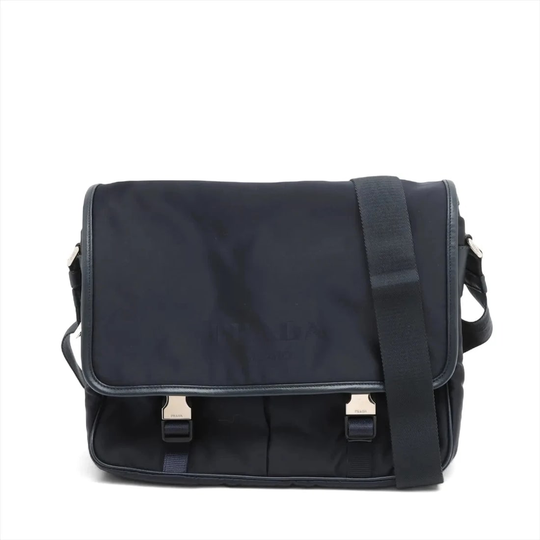 PRADA TESSUTO MESSENGER NYLON X LEATHER SHOULDER BAG: Prada Tessuto Messenger nylon x leather Shoulder bag Brand: Prada Type: Shoulder bag Material: Nylon Color: Navy Blue Size: Height:9.8inch Length:12.4inch Depth:4.9inch Shoulder height:24.8inch A