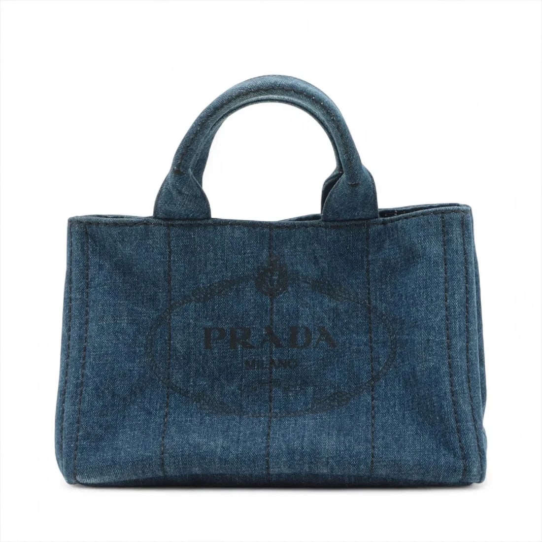 PRADA CANAPA DENIM HAND BAG: Prada Canapa Denim Hand bag Brand: Prada Type: Hand bag Material: Denim Color: Blue Size: Height:7.3inch Length:10.8inch Depth:5.7inch Handle height:4.1inch Accessories: None Accessories N