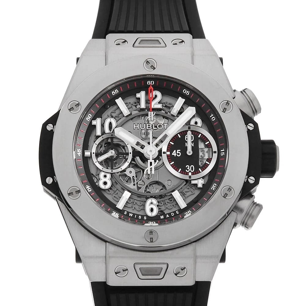 HUBLOT BIG BANG UNICO TITANIUM WATCH: HUBLOT Big Bang Unico Titanium Watch Brand: HUBLOT Type: Wrist watch Material: Band Material rubber, Case Material Titanium Color: Dial Color Skeleton Size: Band Size none, Case Size