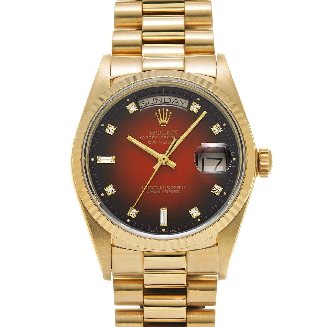 ROLEX DAY DATE CHERRY GRADATION DIAMOND WATCH: ROLEX Day Date cherry gradation diamond WATCH Brand: ROLEX Type: Wristwatch Material: Band Material Yellow Gold, Case Material Yellow Gold Color: Dial Color cherry gradation Size: Case H/about