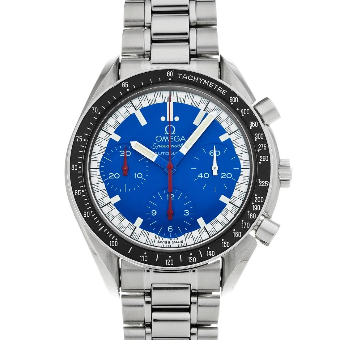 OMEGA SPEEDMASTER RACING MICHAEL SCHUMACHER BLUE WATCH: OMEGA Speedmaster Racing Michael Schumacher blue WATCH Brand: OMEGA Type: Wristwatch Material: Band Material Stainless steel, Case Material Stainless steel Color: Dial Color blue Size: Case H/abou