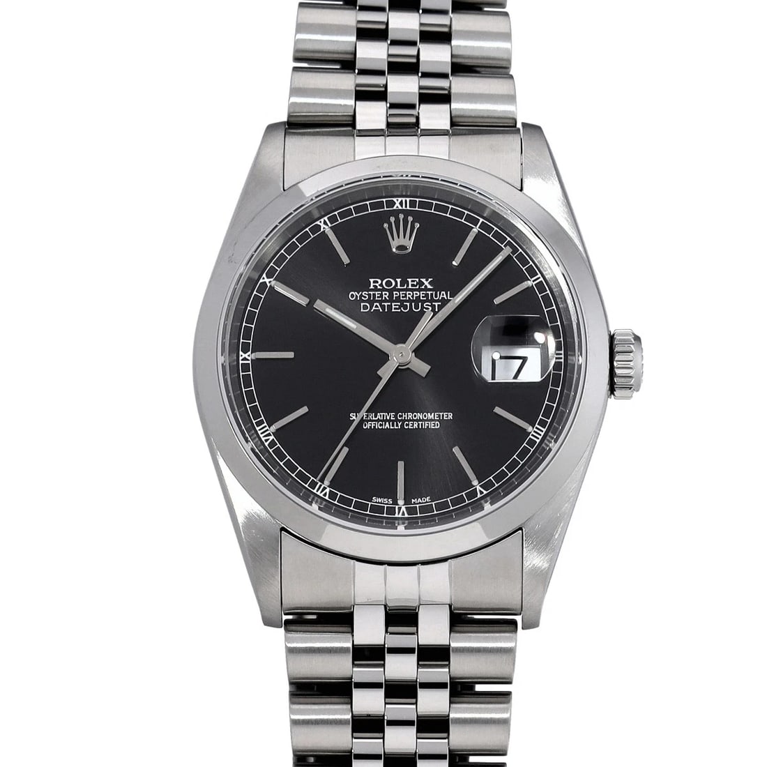 ROLEX DATEJUST BLACK WATCH: ROLEX Datejust black WATCH Brand: ROLEX Type: Wristwatch Material: Band Material Stainless steel, Case Material Stainless steel Color: Dial Color black Size: Case H/about 36mm W/about 36mm D/about