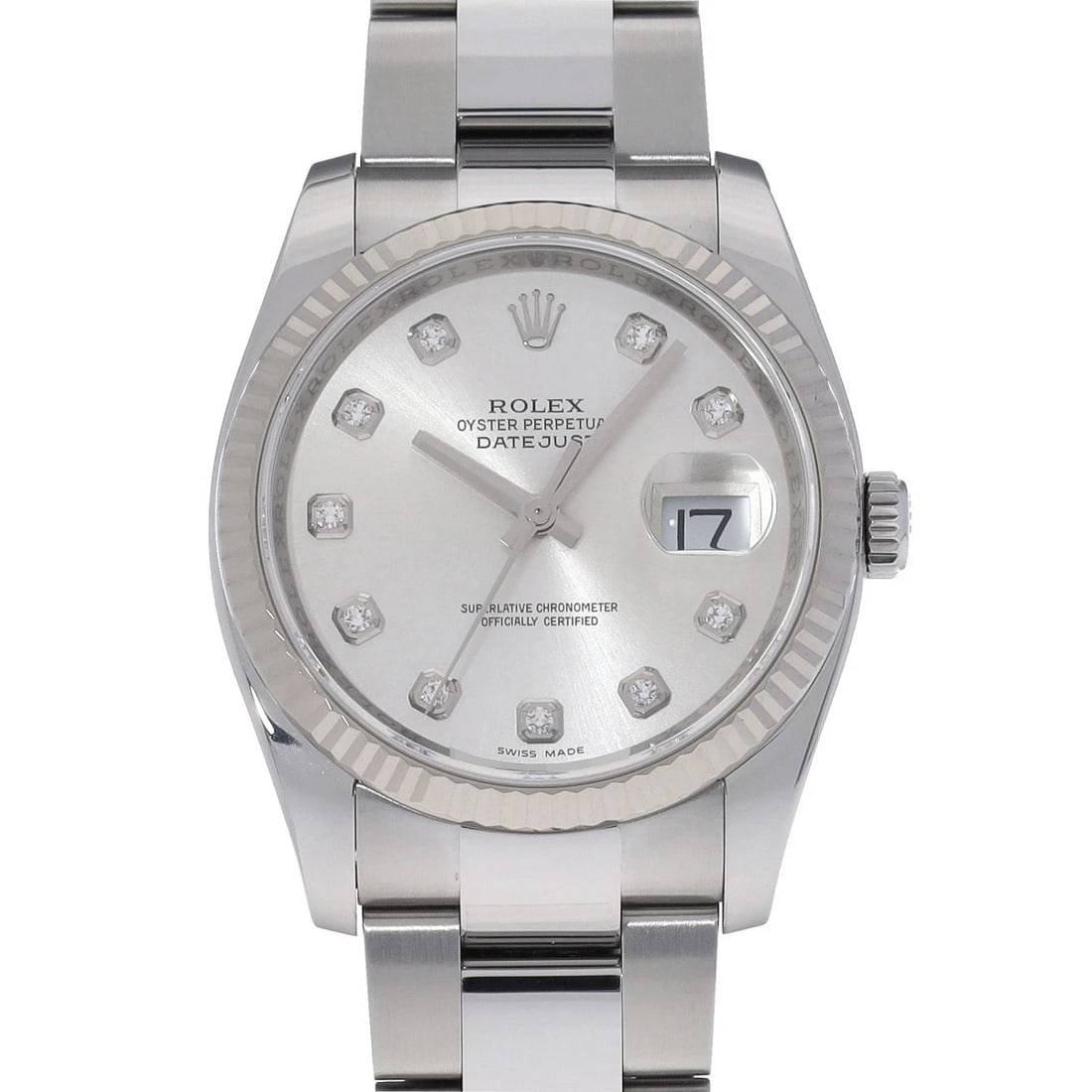 ROLEX DATEJUST SILVER DIAMOND WATCH: ROLEX Datejust Silver diamond WATCH Brand: ROLEX Type: Wristwatch Material: Band Material Stainless steel, Case Material Stainless steel Color: Dial Color Silver Size: Case H/about 36mm W/about 36