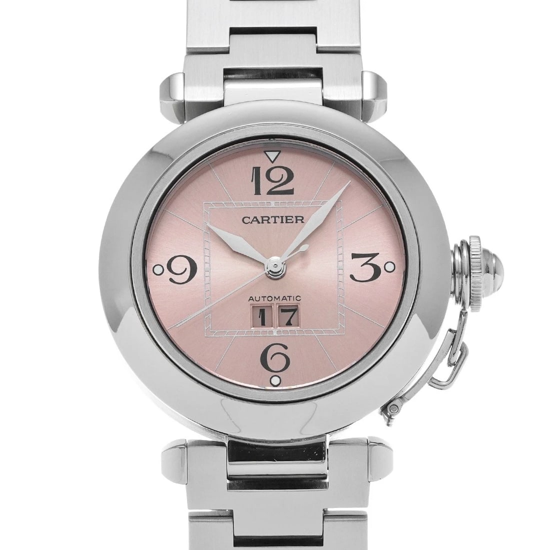 CARTIER PASHA BIG PINK WATCH: CARTIER Pasha Big pink WATCH Brand: CARTIER Type: Wristwatch Material: Band Material Stainless steel, Case Material Stainless steel Color: Dial Color pink Size: Case H/about 35mm W/about 35mm