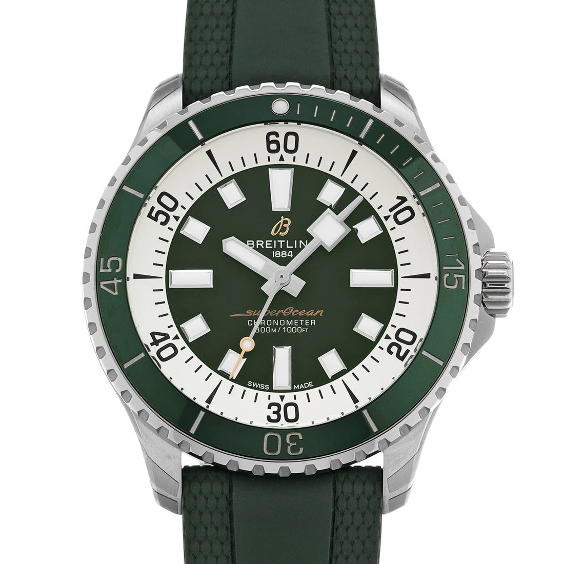 BREITLING SUPEROCEAN GREEN WATCH: BREITLING Superocean green WATCH Brand: BREITLING Type: Wristwatch Material: Band Material rubber, Case Material Stainless steel Color: Dial Color green Size: Case H/about 44mm W/about 44mm