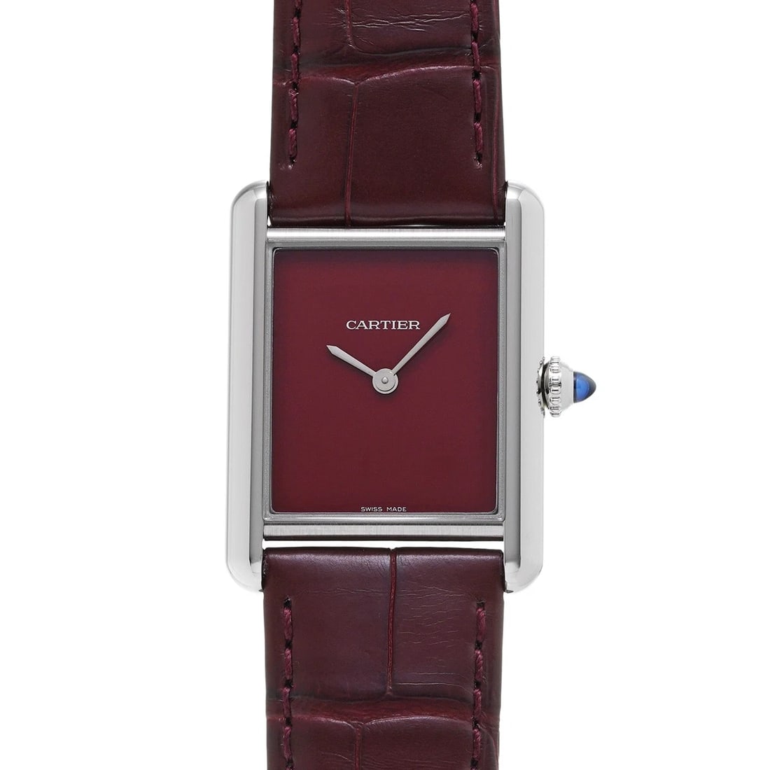 CARTIER TANK MUST BURGUNDY LACQUER WATCH: CARTIER Tank Must Burgundy Lacquer WATCH Brand: CARTIER Type: Wristwatch Material: Band Material NONE, Case Material Stainless steel Color: Dial Color Burgundy Lacquer Size: Case H/about