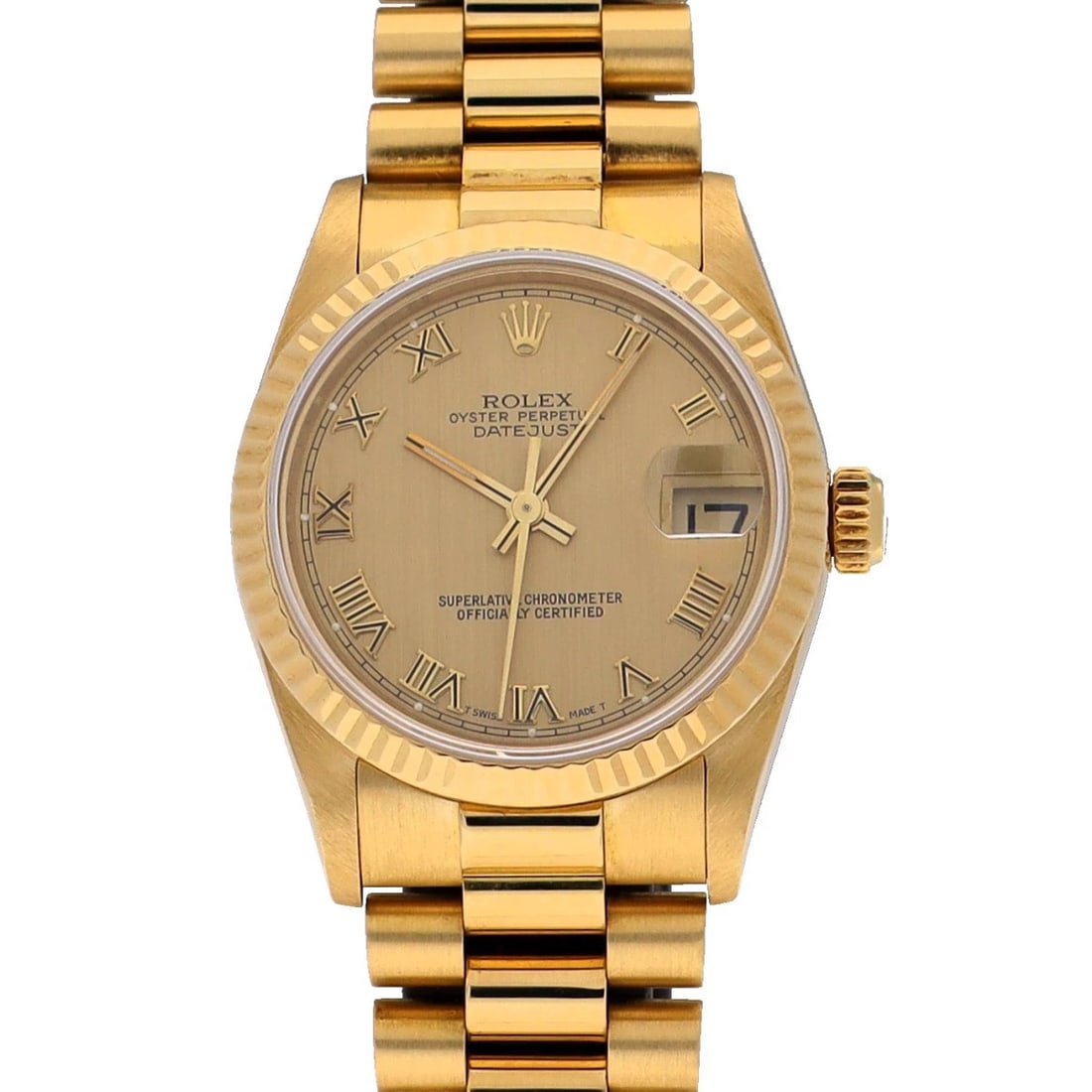 ROLEX DATEJUST CHAMPAGNE WATCH: ROLEX Datejust Champagne WATCH Brand: ROLEX Type: Wristwatch Material: Band Material Yellow Gold, Case Material Yellow Gold Color: Dial Color Champagne Size: Case H/about 31mm W/about 31mm