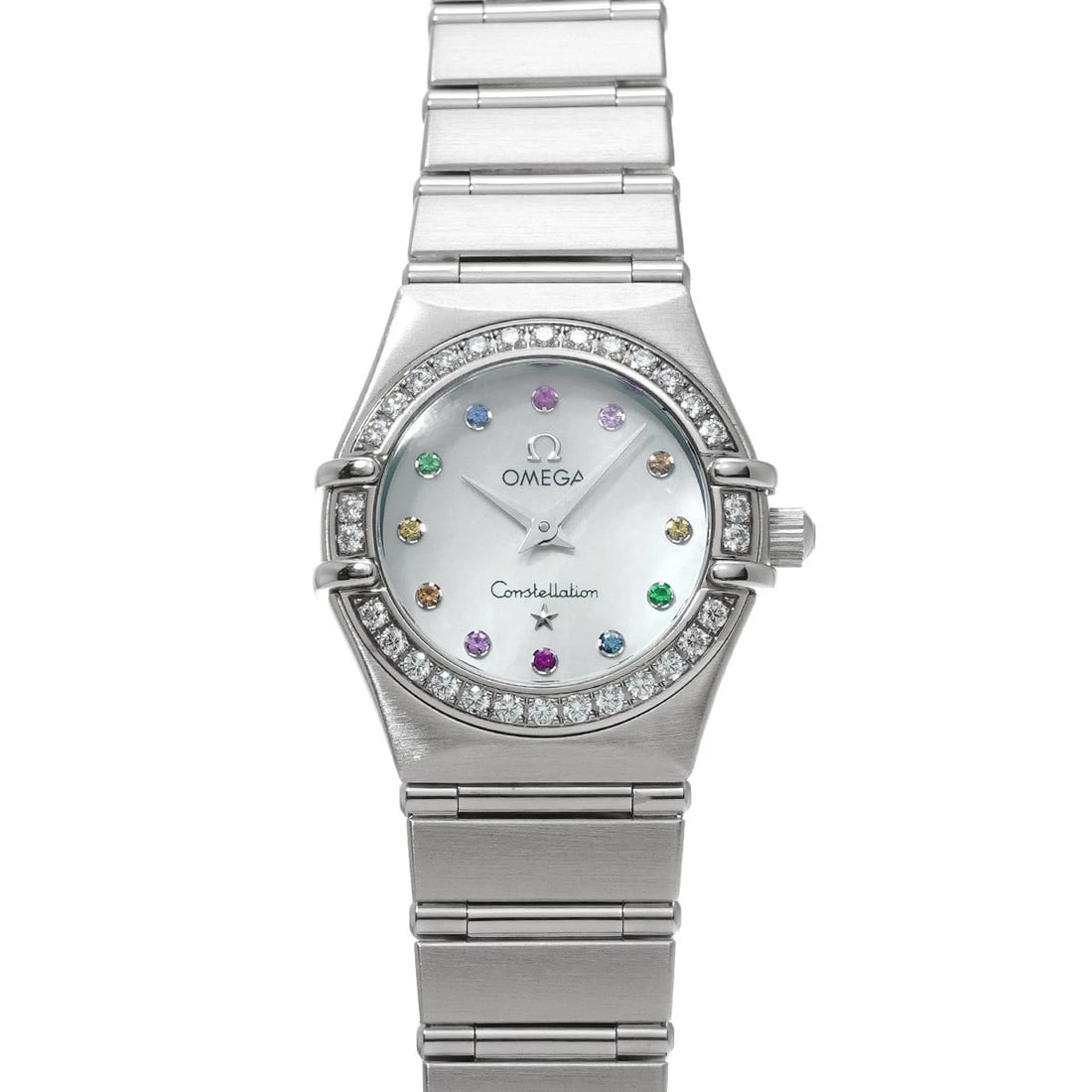 OMEGA CONSTELLATION WHITE SHELL SAPPHIRE GARNET EMERALD: OMEGA Constellation White shell Sapphire Garnet Emerald Brand: OMEGA Type: Wristwatch Material: Band Material Stainless steel, Case Material Stainless steel Color: Dial Color White shell Size: