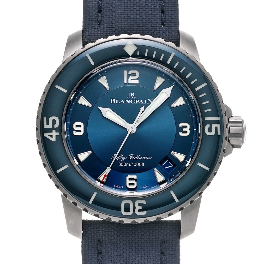 BLANCPAIN FATHOMS BLUE WATCH: Blancpain Fathoms blue WATCH Brand: Blancpain Type: Wristwatch Material: Band Material fabric, Case Material titanium Color: Dial Color blue Size: Case H/about 45mm W/about 45mm D/about 15.4mm