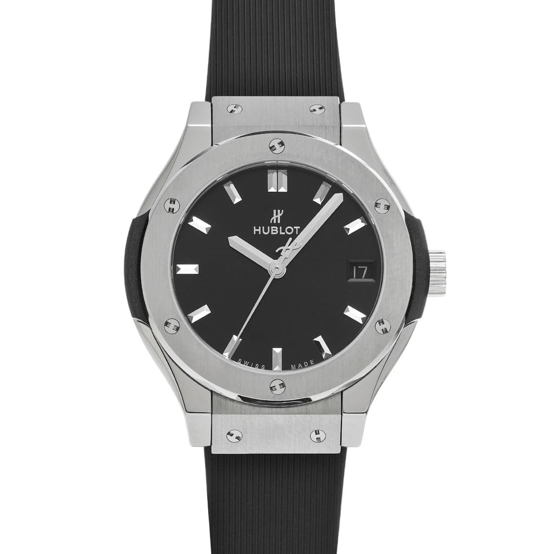 HUBLOT CLASSIC FUSION TITANIUM BLACK WATCH: HUBLOT Classic Fusion Titanium black WATCH Brand: HUBLOT Type: Wristwatch Material: Band Material rubber, Case Material titanium Color: Dial Color black Size: Case H/about 33mm W/about 33mm