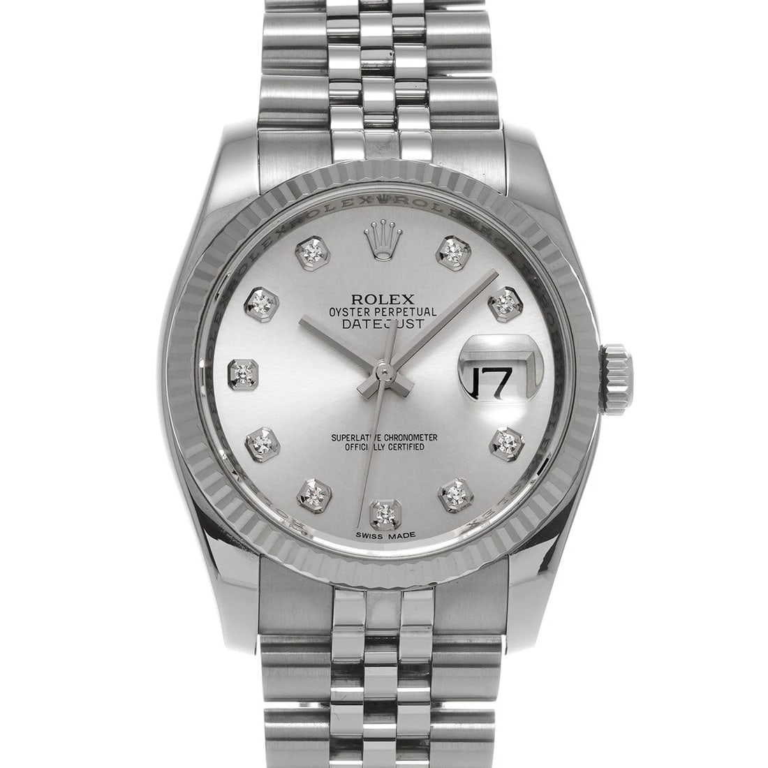 ROLEX DATEJUST SILVER DIAMOND WATCH: ROLEX Datejust Silver diamond WATCH Brand: ROLEX Type: Wristwatch Material: Band Material Stainless steel, Case Material Stainless steel Color: Dial Color Silver Size: Case H/about 36mm W/about 36