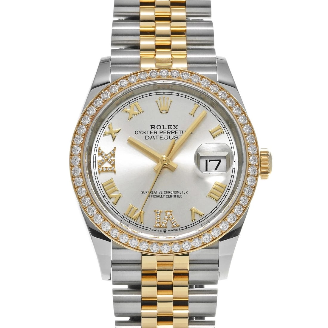 ROLEX DATEJUST SILVER DIAMOND WATCH: ROLEX Datejust Silver diamond WATCH Brand: ROLEX Type: Wristwatch Material: Band Material Stainless steel/Yellow Gold, Case Material Stainless steel Color: Dial Color Silver Size: Case H/about 36m