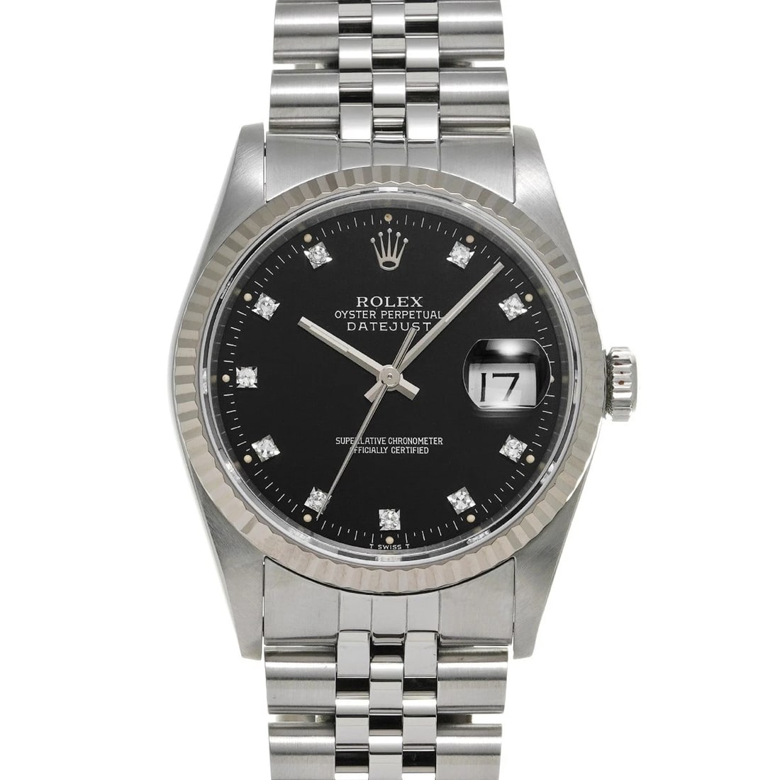 ROLEX DATEJUST BLACK DIAMOND WATCH: ROLEX Datejust black diamond WATCH Brand: ROLEX Type: Wristwatch Material: Band Material Stainless steel, Case Material Stainless steel Color: Dial Color black Size: Case H/about 36mm W/about