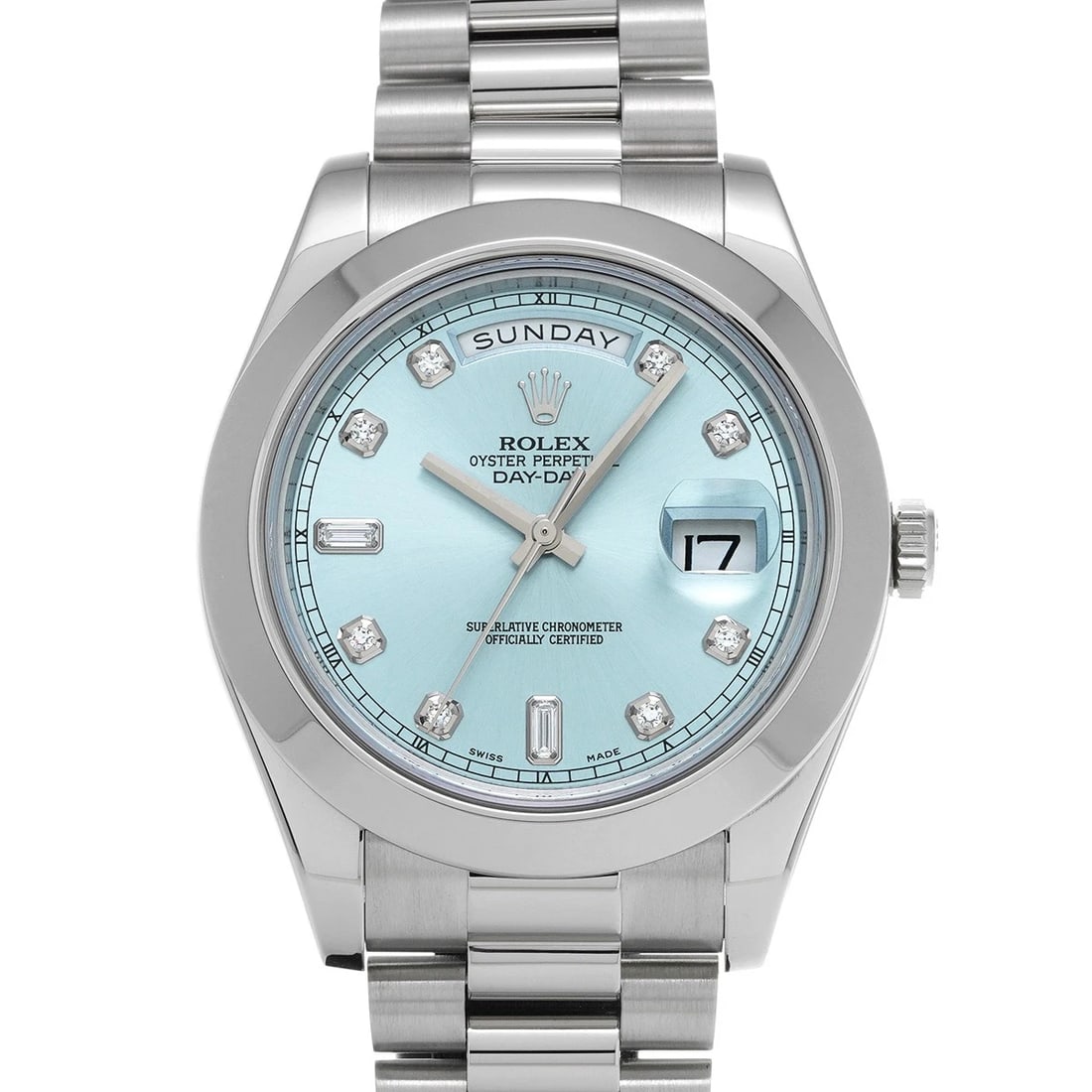 ROLEX DAY DATEII ICE BLUE DIAMOND WATCH: ROLEX Day DateII Ice blue diamond WATCH Brand: ROLEX Type: Wristwatch Material: Band Material Platinum, Case Material Platinum Color: Dial Color Ice blue Size: Case H/about 41mm W/about 41mm