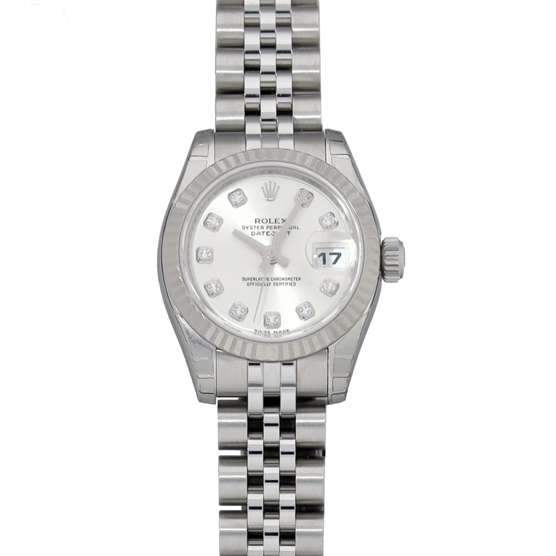 ROLEX DATEJUST SILVER DIAMOND WATCH: ROLEX Datejust Silver diamond WATCH Brand: ROLEX Type: Wristwatch Material: Band Material Stainless steel, Case Material Stainless steel Color: Dial Color Silver Size: Case H/about 26mm