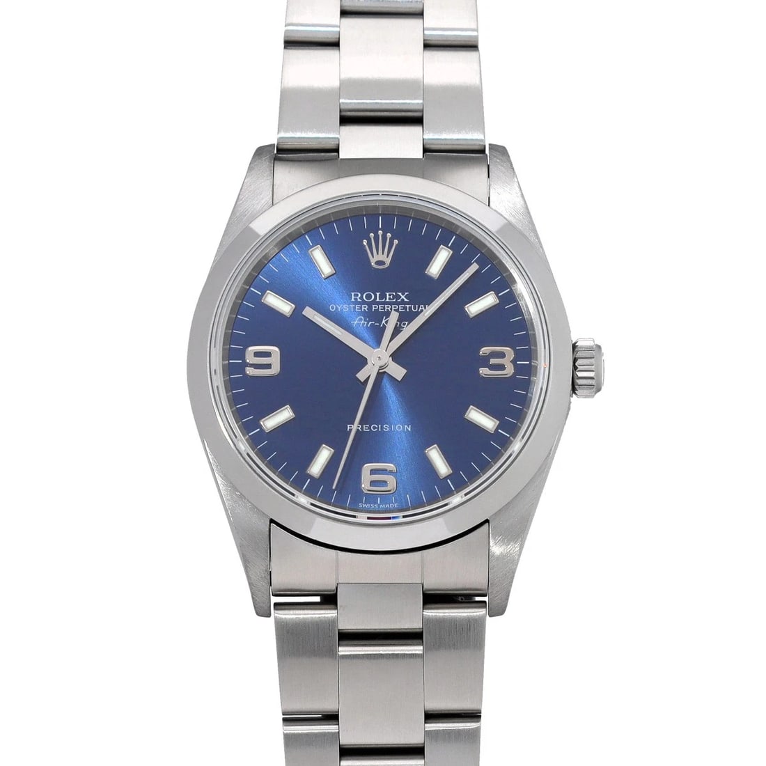 ROLEX AIR KING BLUE WATCH: ROLEX Air King blue WATCH Brand: ROLEX Type: Wristwatch Material: Band Material Stainless steel, Case Material Stainless steel Color: Dial Color blue Size: Case H/about 34mm W/about 34mm D/about 1