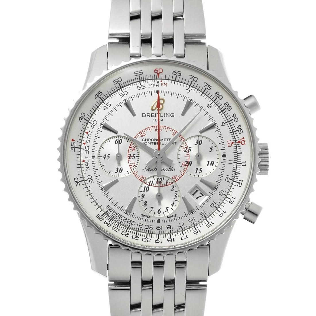BREITLING MONTBRILLANT SILVER WATCH: BREITLING Montbrillant Silver WATCH Brand: BREITLING Type: Wristwatch Material: Band Material Stainless steel, Case Material Stainless steel Color: Dial Color Silver Size: Case H/about 40mm W/abou