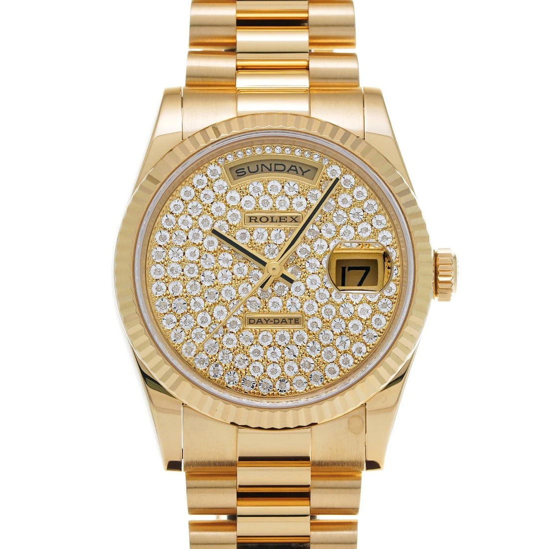 ROLEX DAY DATE PAVE DIAMONDS WATCH: ROLEX Day Date Pave diamonds WATCH Brand: ROLEX Type: Wristwatch Material: Band Material Yellow Gold, Case Material Yellow Gold Color: Dial Color Pave diamonds Size: Case H/about 36mm W/about 36mm