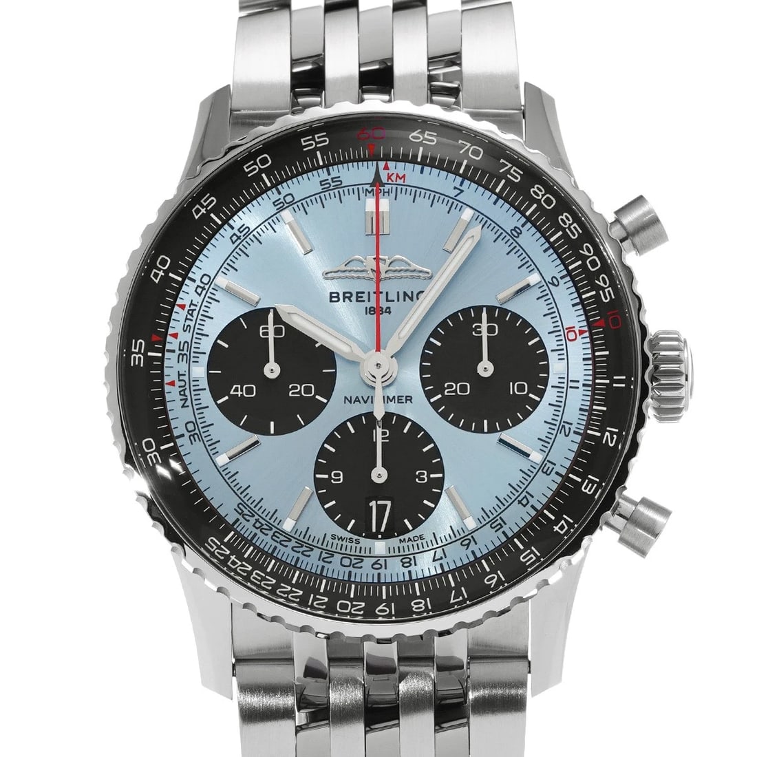 BREITLING NAVITIMER CHRONOGRAPH ICE BLUE BLACK WATCH: BREITLING Navitimer Chronograph Ice blue black WATCH Brand: BREITLING Type: Wristwatch Material: Band Material Stainless steel, Case Material Stainless steel Color: Dial Color Ice blue Size: Case