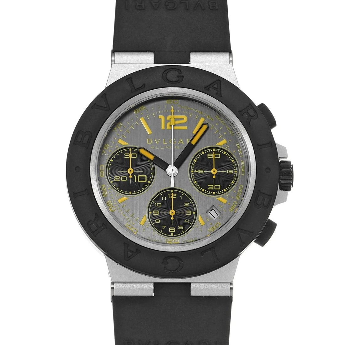 BVLGARI ALUMINIUM GRAN TURISMO GRAY WATCH: BVLGARI Aluminium Gran Turismo gray WATCH Brand: BVLGARI Type: Wristwatch Material: Band Material rubber, Case Material aluminum Color: Dial Color gray Size: Case H/about 41mm W/about 41mm D/about