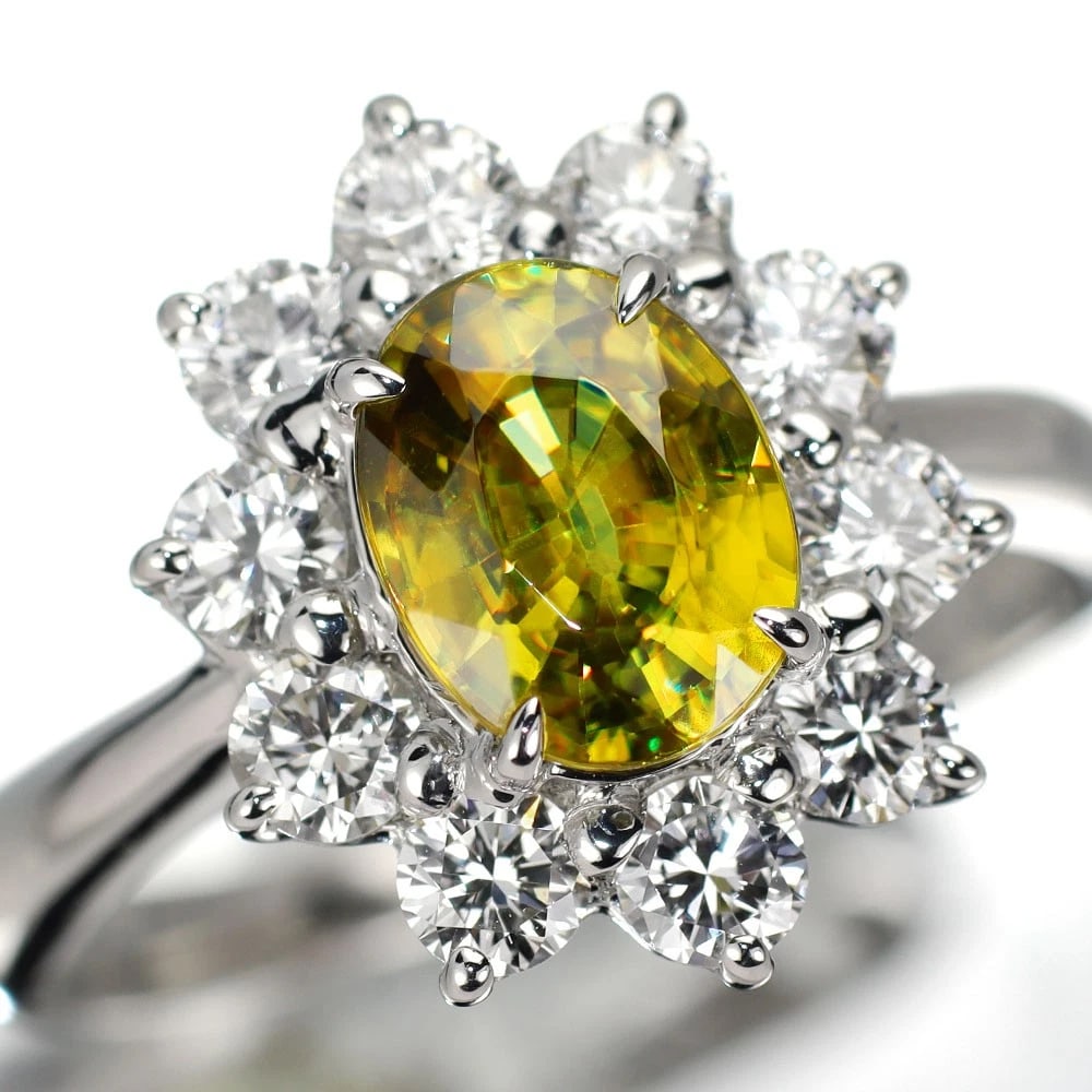 PT950 SPHENE DIAMOND RING: Pt950 Sphene Diamond Ring Brand: None Type: ring Material: Metal Pt950 Color: None Size: 5.5 - 5.75 US Accessories: None Accessories Notice: When purchasing pre-owned goods, please refer t