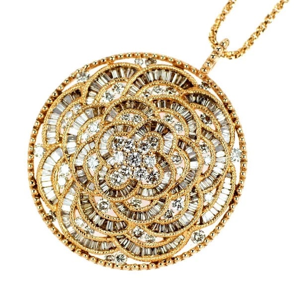 K18PG FLOWER DIAMOND PENDANT NECKLACE: K18PG flower diamond pendant necklace Brand: None Type: pendant necklace Material: Metal K18PG Main Stone/Creation Natural Color: Gold Size: Necklace: Chain Length