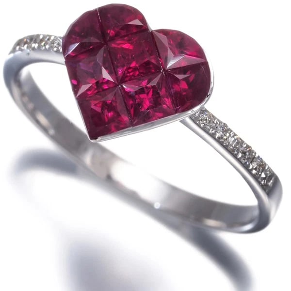 RUBY DIAMOND HEART RING 18K 750 WHITE GOLD (1 of 3)