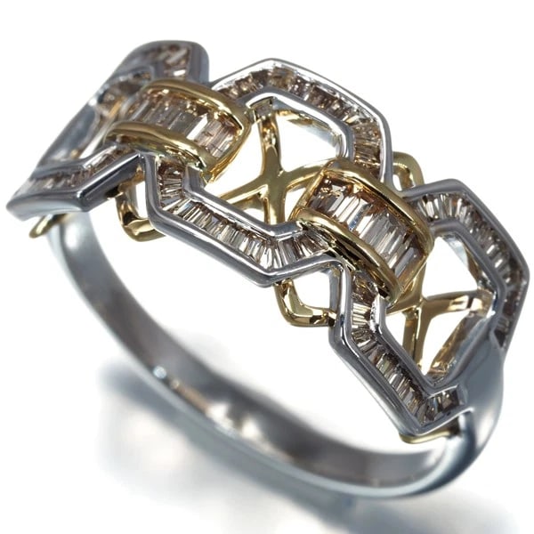 DIAMOND BAGUETTE-CUT OPENWORK RING: Diamond Baguette-cut Openwork Ring Brand: Unbranded Type: Ring Material: 18K / 750 / Yellow Gold 18K / 750 / White Gold Main Stone/Creation Natural Color: None Size: US 7.25-7.5 Accessories: None