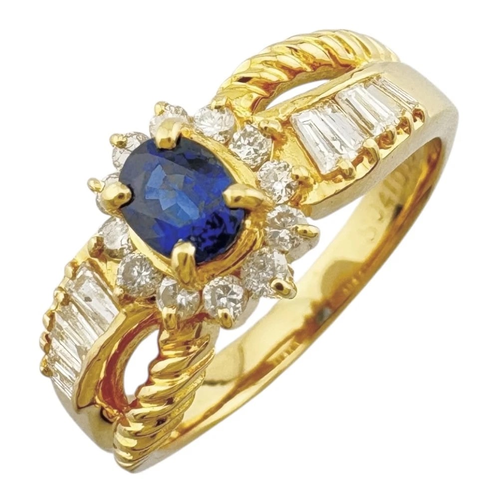RING K18 YELLOW GOLD SAPPHIRE DIAMOND: Ring K18 yellow gold sapphire diamond Brand: Unbranded Type: Ring Material: K18 yellow gold Main Stone/Creation sapphire Color: gold Size: US 5 3/8 Accessories: None Accessories Notice: Wh