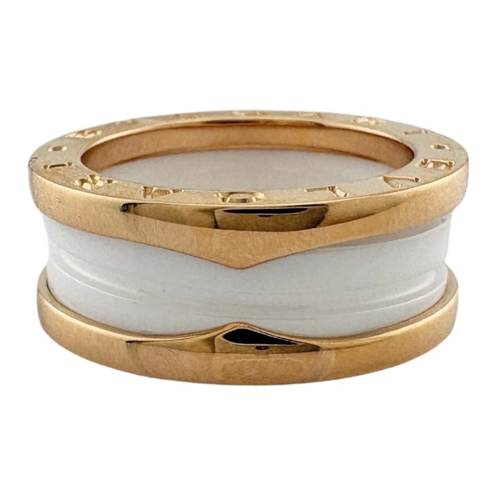 BVLGARI RING K18 PINK GOLD CERAMIC: BVLGARI Ring K18 Pink Gold ceramic Brand: BVLGARI Type: Ring Material: K18 Pink Gold Color: white Size: US 5 3/8 Accessories: None Accessories Notice: When purchasing pre-owned goods, plea