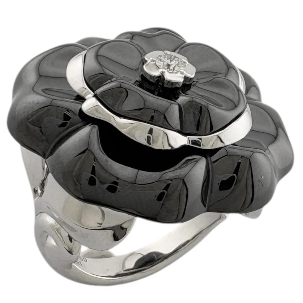 CHANEL RING K18 WHITE GOLD CERAMIC DIAMOND CAMELIA (1 of 6)