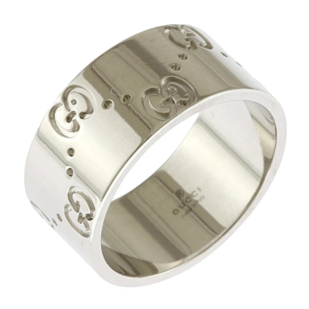 GUCCI RING K18 WHITE GOLD ICON WIDE: GUCCI Ring K18 white gold Icon wide Brand: GUCCI Type: Ring Material: K18 white gold Color: Silver Size: US 7 Accessories: None Accessories Notice: When purchasing pre-owned goods, please