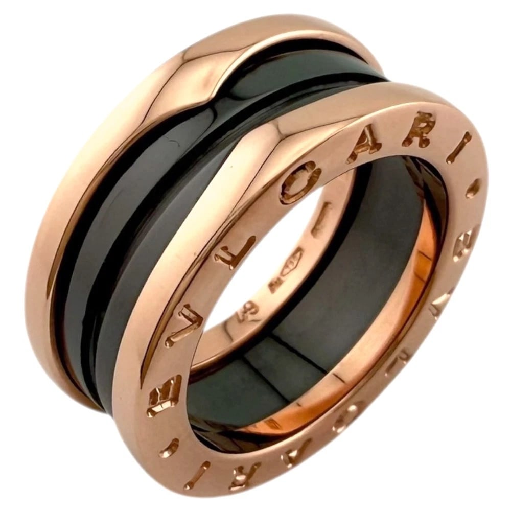 BVLGARI RING K18 PINK GOLD CERAMIC: BVLGARI Ring K18 Pink Gold ceramic Brand: BVLGARI Type: Ring Material: K18 Pink Gold Color: black Size: US 4 1/2 Accessories: None Accessories Notice: When purchasing pre-owned goods, please